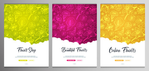 Flat flowers on a sketches background. Floral banner. Vector illustration.