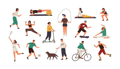 Set of funny people performing sports activities, fitness workout or playing games. Bundle of training or exercising men and women isolated on white background. Flat cartoon vector illustration. - obrazy, fototapety, plakaty