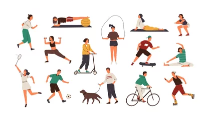 Rolgordijnen Set of funny people performing sports activities, fitness workout or playing games. Bundle of training or exercising men and women isolated on white background. Flat cartoon vector illustration. © Good Studio