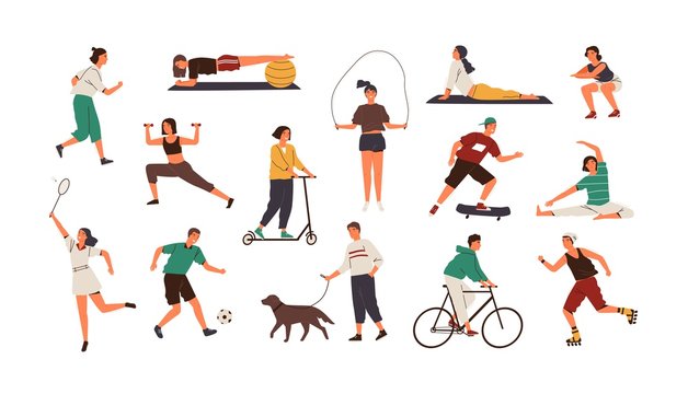 Set of funny people performing sports activities, fitness workout or playing games. Bundle of training or exercising men and women isolated on white background. Flat cartoon vector illustration.