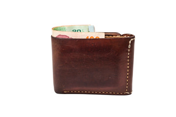 Brown purse with moneys (Bath) isolated on white background