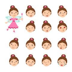 Set of beautiful fairy facial expressions in cartoon style with different emotions isolated on white background.