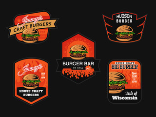 Set of burger shop logo, emblems and badges. Fast food design.