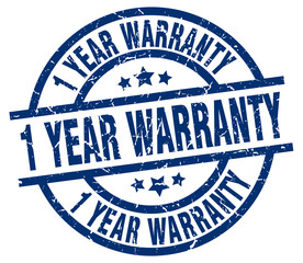 1 year warranty blue round grunge stamp
