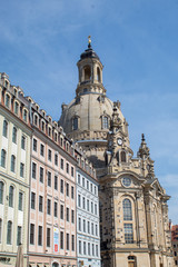 Fototapeta na wymiar Dresden, Germany, restored Baroque architecture. Pompous and majestic city streets, tourists and transport on the holiday of Easter.