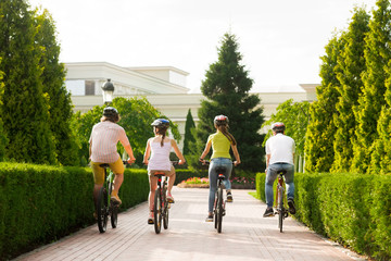 Team of young friends biking outdoors. Group of modern young people cycling in park, rear view. Concept of students active leisure.