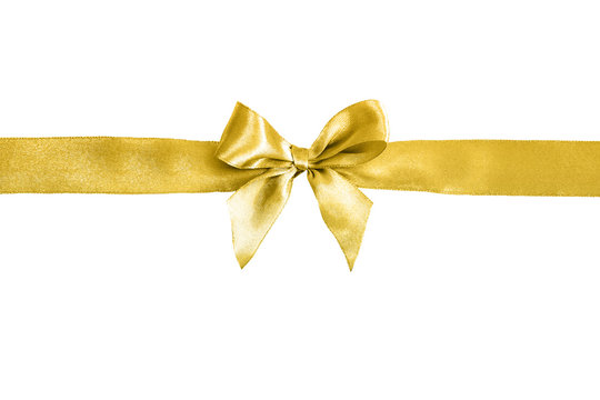 Golden ribbon with decorative bow on a white background. Festive background.