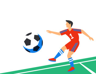 Soccer player with football ball web banner template. Fool color illustration in flat style. Football players on white background with copy space. Flyers, banner, headers template