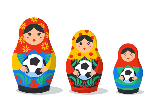 Russian Matrioshka set. Russia symbol with football ball. traditional russian nesting dolls with ball. Matroska icon on white background.