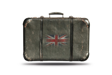 Travel Vintage Leather Suitcase With Flag Of Great Britain Isolated On White Background