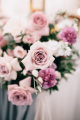 Beautiful decoration of a table at the wedding reception.