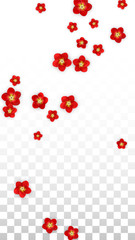 Vector Realistic Red Flowers Falling on Transparent Background.  Spring Romantic Flowers Illustration. Flying Asian Rose Spa Design. Blossom Confetti. Design Elements for Wedding Decoration.