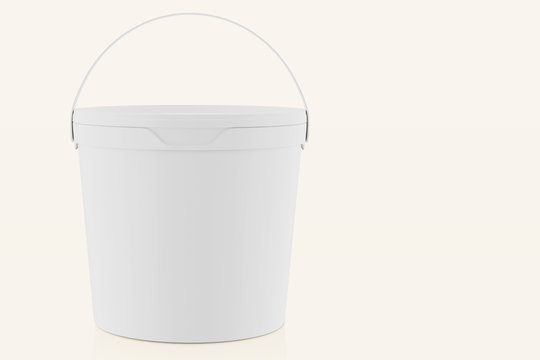 White matte plastic bucket for food products, paint, household stuff. 900 ml. Realistic packaging mockup template. Front view, handle up. 3d illustration