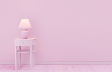 Stylish lamp on table against color wall, space for text. Design with living pink color