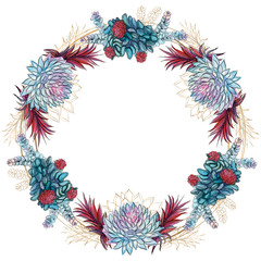 Flower wreath of succulents festive frame. Vector