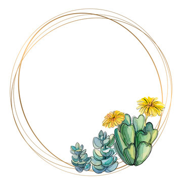 Round gold frame with succulents. Watercolor. Vector