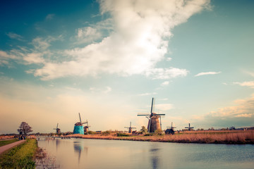 Travel in Netherlands, traditional Holland - Windmills in Kinderdijk. 