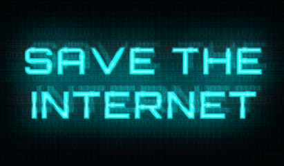 Binary code with the words Save the internet in the center