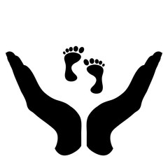 Vector silhouette of a hand in a defensive gesture protecting a baby. Symbol of insurance, boy, girl, child, foot,protection.