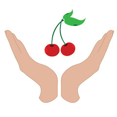 Vector silhouette of a hand in a defensive gesture protecting a cherries. Symbol of fruit,food,agriculture,protection,fresh,vegan, vegetarian, frutarian.