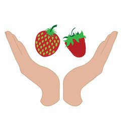 Vector silhouette of a hand in a defensive gesture protecting a strawberry and raspberry. Symbol of fruit, food, agriculture, protection, fresh, vegan, vegetarian, frutarian.