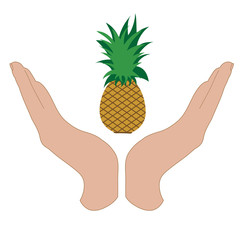 Vector silhouette of a hand in a defensive gesture protecting a pineapple. Symbol of fruit, food, agriculture, protection, fresh, vegan, vegetarian, frutarian.
