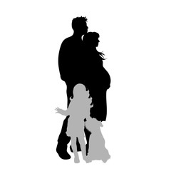 Vector silhouette of family on white background. Symbol of mother, father, pregnant, daughter,dog.