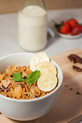 Healthy breakfast with fruits and milk.