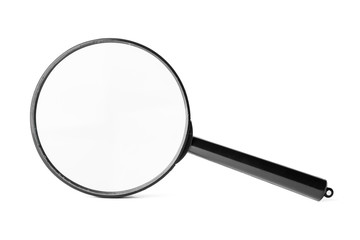 Close up of magnifying glass isolated on white background