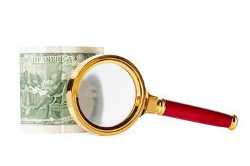 double exposure business concept with magnifying glass zoom and focus on coins money idea for finance