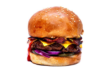 Juicy beef burger with bacon, cheese and salad. Close-up.