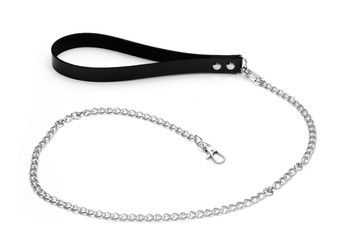 Leather leash handle with chain. Close-up