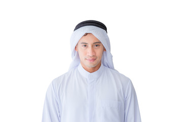 Selective focus of young business muslim man with clipping path on white background, Arab middle eastern concept.