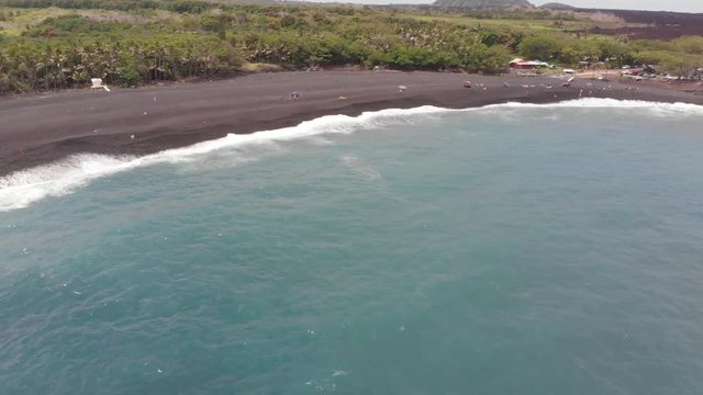 beautiful aerial of Isaac Hale park aka pohoiki. showing new beach and lava field