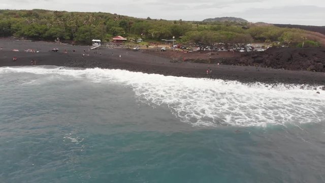 aerial of pohoiki aka Isaac Hale park. featuring new beach and lava field