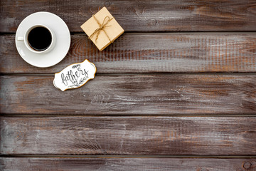 Happy Father Day with gift and coffee on wooden background top view mockup