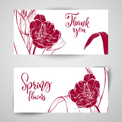 Floral baners. Hand drawn vector botanical illustration. Template greeting card, wedding invitation banner with spring flowers. Sketch linear tulip blossom. Engraved style illustration.