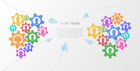 Teamwork banner concept with gears and people icon avatars. Flat vector illustration for business partnership, consulting, project management, team work, cooperation, web development, communication.