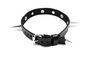 Black leather collar with spikes on a white background. Side view