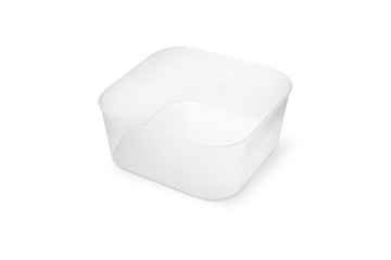 Plastic food storage containers on a white background