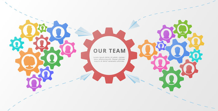 Teamwork concept with gears or cogwheels. Flat banner or poster design for corporate training, business meeting, team work, management, brainstorming, crowdsourcing and relationship. Copy space.