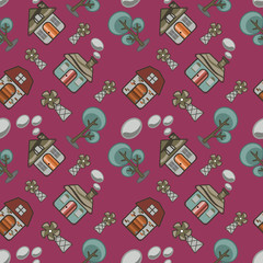Home cartoon abstract seamless pattern in pink red background.