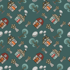 Home cartoon abstract seamless pattern in green background.