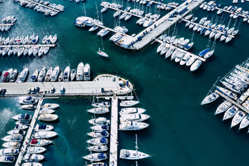 Aerial View of Yacht Club and Marina. White Boats and Yachts. Photo made by drone from above.