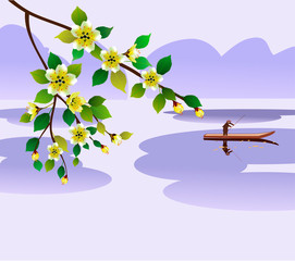 Sakura. Lonely boatman, floats on the lake in the spring.