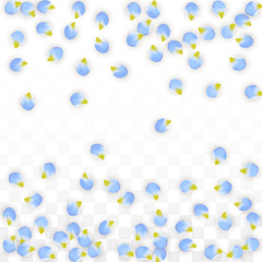 Vector Realistic Blue Petals Falling on Transparent Background.  Spring Romantic Flowers Illustration. Flying Petals. Sakura Spa Design. Blossom Confetti.