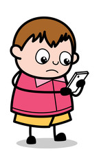 Using Internet on Mobile - Teenager Cartoon Fat Boy Vector Illustration