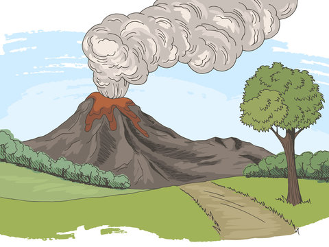 Volcano mountain hill road graphic color sketch landscape illustration vector