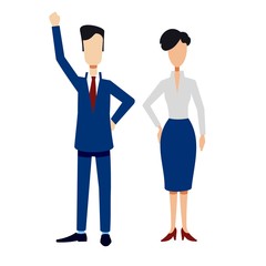 businessman and business lady in business blue suits are standing next to each other, flat