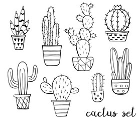 Vector set of cute black and white sketch cactus isolated on white background. Cactus family. Hand drawn ink illustration, line drawing, home decor. Vector illustration. Black outlines